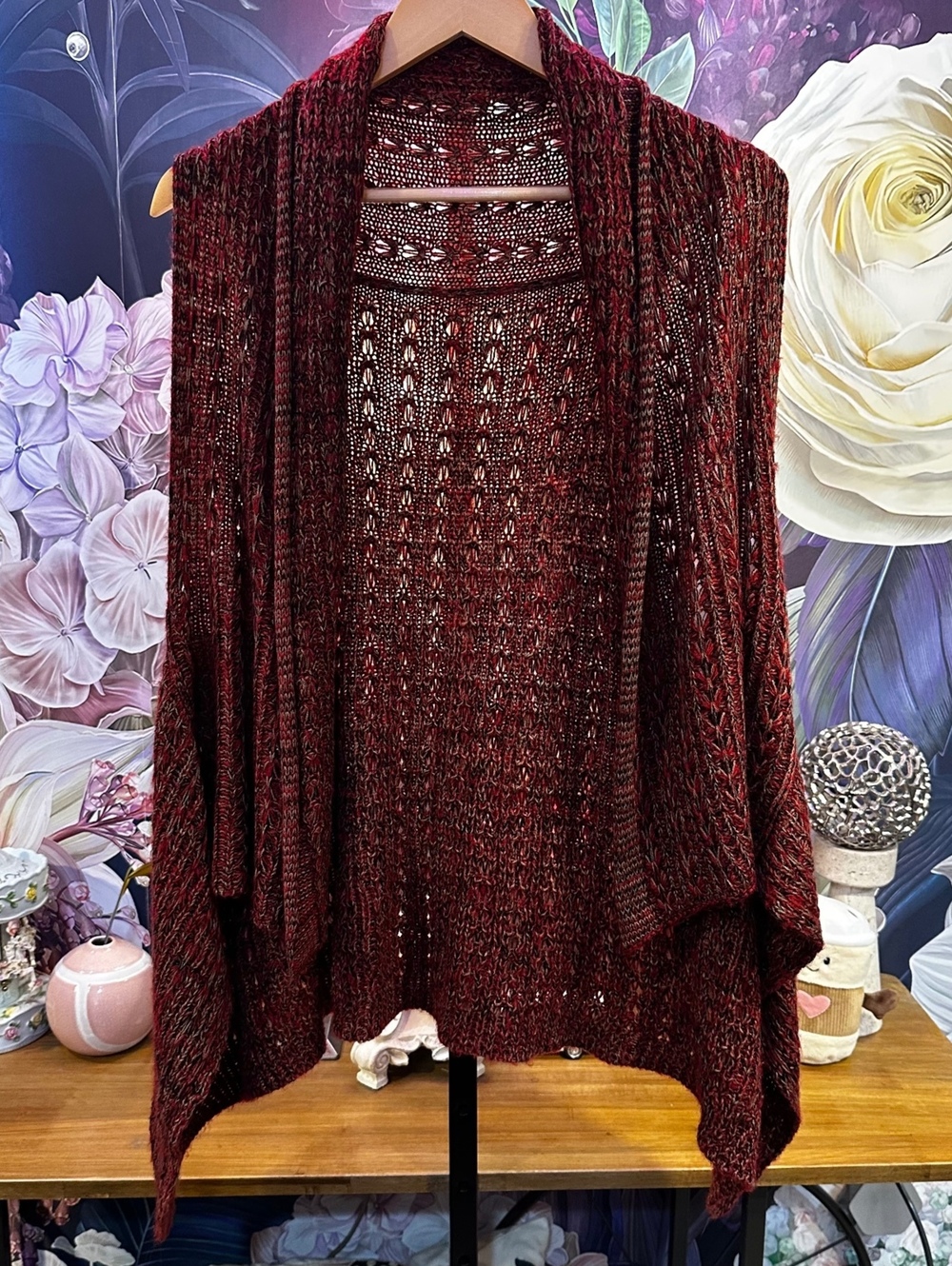Women's Burgundy Open Front Knit Cardigan Sweater Draped Hem Lightweight